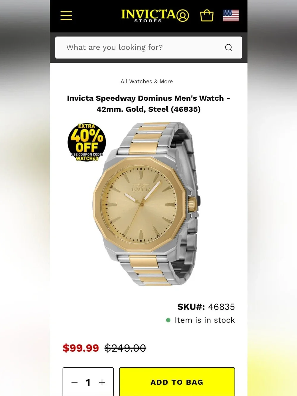 369.  Invicta Speedway Dominus Men's Watch - 42mm. Gold, Steel (46835)